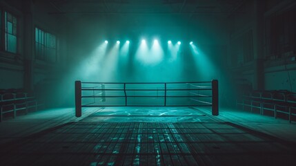 boxing ring stands empty in a dimly lit arena, shrouded in smoke and anticipation.