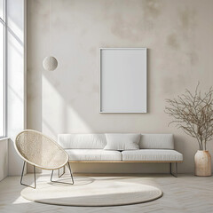 Aesthetic minimalist room interior design. Mockup picture frames. Mock up poster on the walls. Copy space. Clean scandi apartment for decoration. Neutral colors. Modern style.