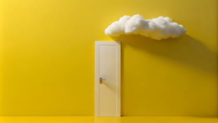 Minimalist conceptual art with a white door under a floating cloud against a bright yellow background.