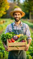 Fototapeta premium Charming male farmer holding a crate full of fresh vegetables in the farm garden.