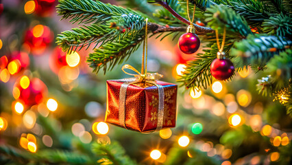 Sparkly gift box suspended among festive Christmas tree branches.
