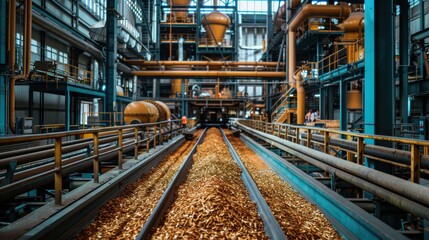 Obraz premium Industrial factory interior with automated machinery and conveyor belts filled with processed material, showcasing manufacturing process.