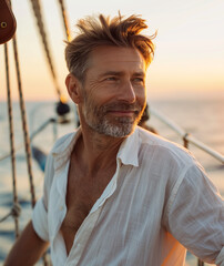 
A handsome, middle-aged man with a fair complexion and light brown hair, speckled with graceful grays, stands on the deck of a luxury yacht