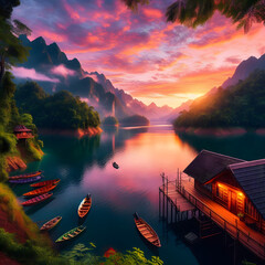 sunset over the lake, beautiful view