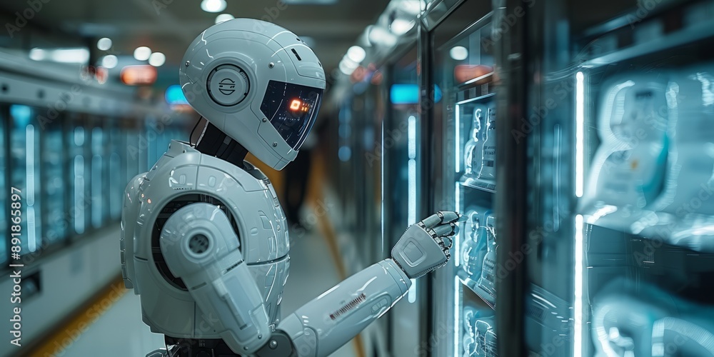 Poster humanoid robot helping with inventory management in a high-tech store