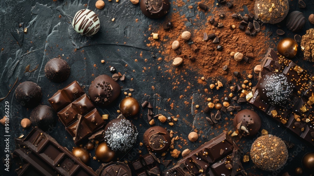 Poster assorted chocolates and cocoa powder on dark textured background