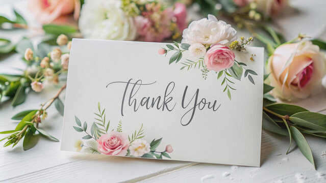 Elegant hand-lettered thank you card with exquisite calligraphy text surrounded by delicate flowers on a soft white paper, perfect for expressing gratitude.