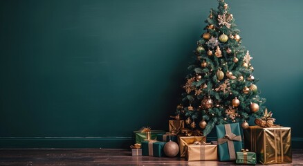 Christmas Tree With Gold Ornaments and Gifts