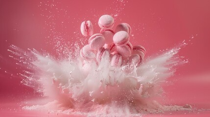 Pink macarons fall into a cloud of white powder, creating a beautiful, artistic explosion against a pink background.