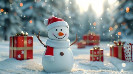 Fototapeta premium Snowman With Presents in Winter Forest