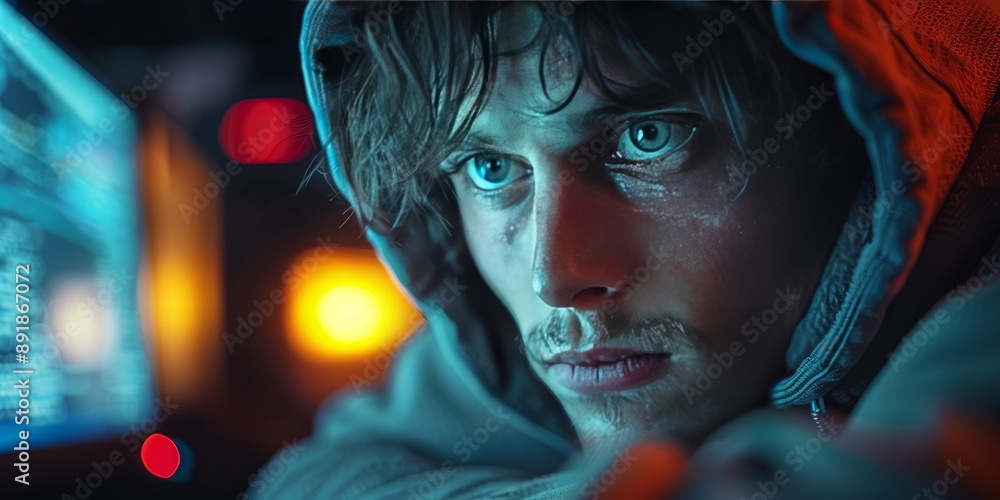 Poster man in a hoodie, illuminated by computer screen light, cybercriminal hacking into systems