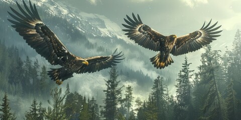 Obraz premium Majestic eagles flying over forest for National Bald Eagle Day, July 4th, soaring in the sky, wildlife conservation