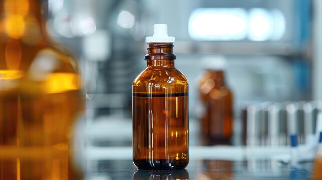 Pure acetone solution in amber bottle with selective focus in laboratory setting