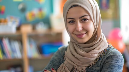 Dedicated female special education teacher wearing a hijab and casual clothes smiling warmly in a classroom with educational materials for special needs students reflecting inclusive
