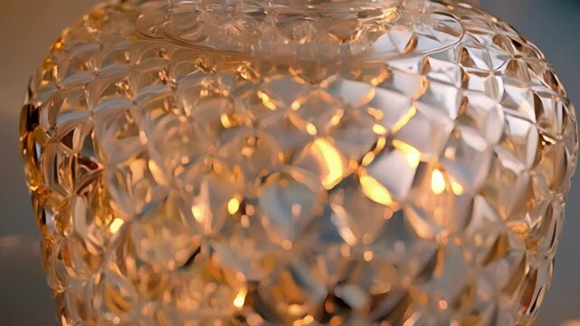A vintage glass bottle with a mesmerizing diamondshaped pattern etched into its surface. The edges of the bottle are scalloped and the glass has a golden shimmer in the light.