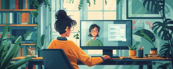Woman in home office having a video call, surrounded by plants and books, emphasizing remote work and online communication.