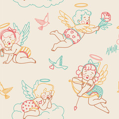 Seamless pattern with cute flying baby cherubs with wings. Little cupids with hearts and tattoos in trendsy retro style. Romantic pattern, Valentine's day print.