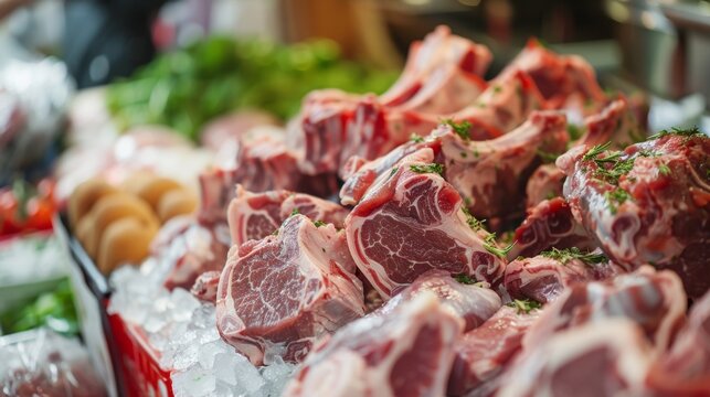 Raw lamb chops on ice display at market