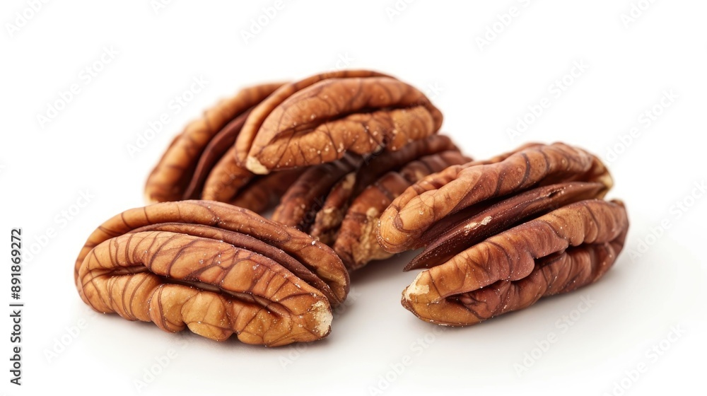 Poster pecan nuts with shells on white background emphasizing nutritious properties and health benefits