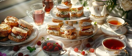 Afternoon tea spread with finger sandwiches, scones, and pastries