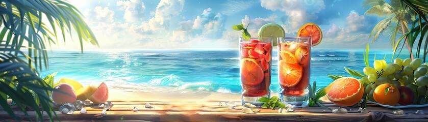 Obraz premium Colorful tropical cocktails on beach bar, ocean view