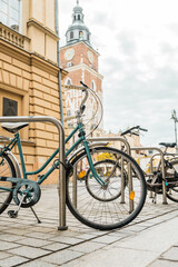 Fototapeta premium Krakow city center with a bicycle on the morning. Travel to poland concept.