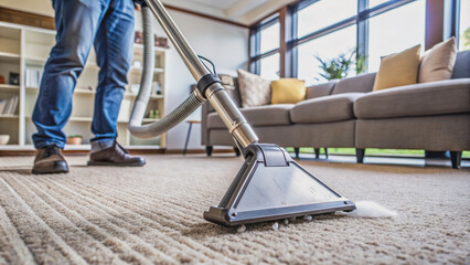 A commercial-grade carpet cleaning machine operates on a soiled area rug, extracting dirt and stains with powerful suction, promoting a cleaner and healthier home environment.