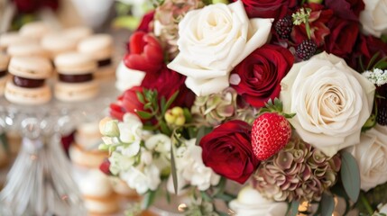 Fototapeta premium White and red floral arrangement with desserts containing macaroons and fruit pieces