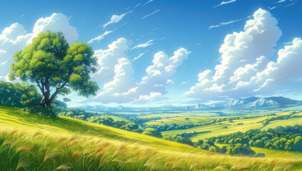 Obraz premium Summer landscape in a hilly region sunny day outdoors with clouds and clear blue sky 