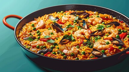 Traditional Spanish paella in large pan, served outdoors