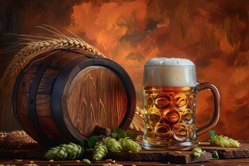 A rustic still life with a frothy beer mug, wooden barrel, and hops on a warm background. Perfect for art, drink-themed projects, and bar promotions. Generative AI