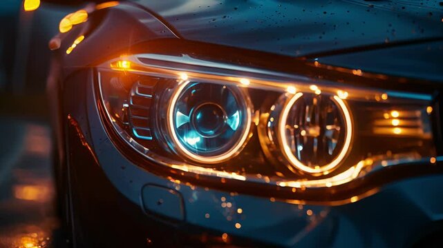 A closeup of a cars dual headlights featuring both low and high beam options for different driving conditions.