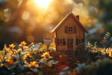 House key and house model, sunlight background. Mortgage, investment, real estate, property and new home concept. Made with Generative AI