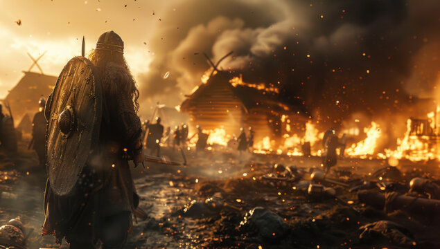 Viking shield and burning village. Fiery embers swirl amidst destruction after a war. Atmospheric battle scene for the background of a wallpaper. Dramatic historical conflict. Norse raid aftermath.