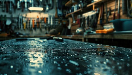 A close shot of the table top in an industrial workshop, with tools and equipment scattered around it.