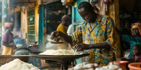 market vendor carefully scoops sugar into a weighing scale, preparing to sell to customers in a bustling African marketplace.