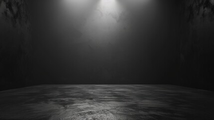 Abstract black background with concrete floor and spotlight, dark room for product presentation.