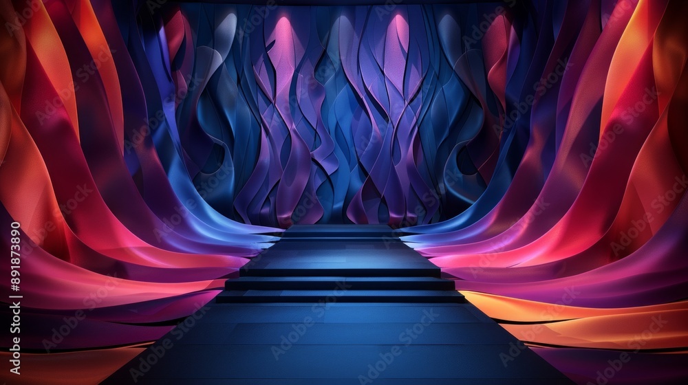 Aufkleber digital mockup of a stage with a backdrop of colorful flowing fabric, illuminated by soft spotlights