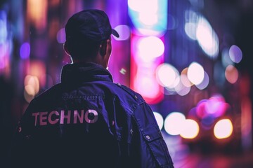 Fototapeta premium Stylish person wearing techno jacket. City nightlife with neon lights. Urban street fashion. Conceptual digital illustration meant for creative projects. Trendy scene. Generative AI