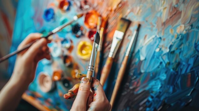 Different paint brushes in front with hands holding a brush and palette acrylic paint tubes behind