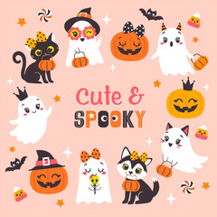 Vector set of girly Halloween characters and letterings on pink background. Cute ghosts, pumpkins, black cat and dog in cartoon flat style for kids design.