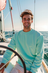 
lifestyle mockup of a 20 year old man on the deck of a sailboat wearing a garment-dyed Comfort Colors 1566 pullover in the color of mint turquoise smiling at the helm of a sailboat