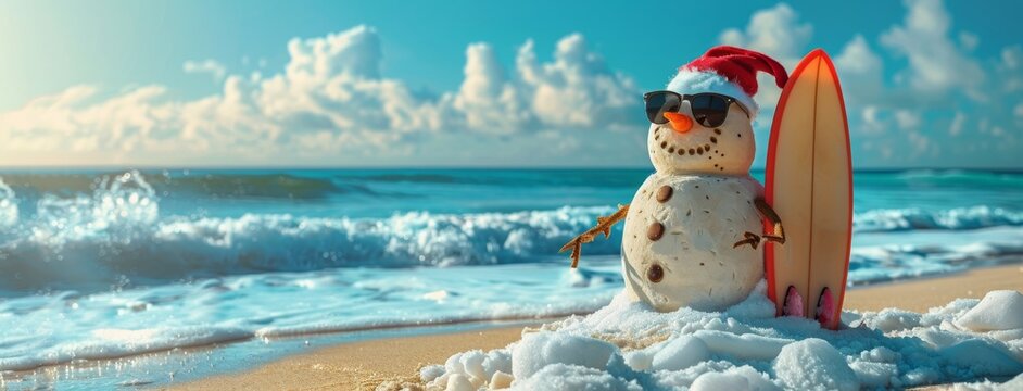 Snowman Surfs On Beach