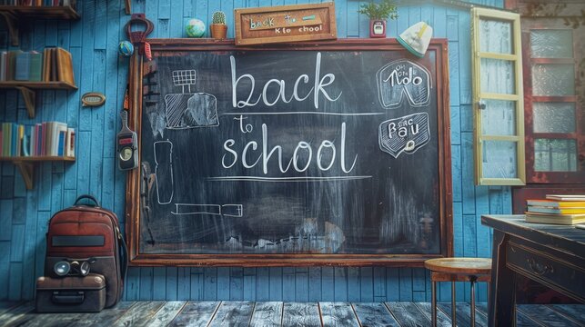 back to school written on a blackboard with white chulk. decorated elementary classroom for young children kids and students. wallpaper background for ads, web design, sites