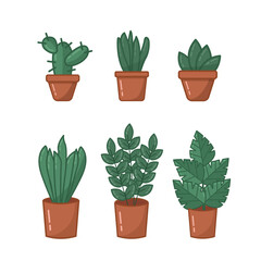 Set of flat vector illustration of green lovely cute cactus, monstera aloe in flower pot. Set of house plants isolated on a white background. Trendy monstera leaves, plant for stickers, game, kids