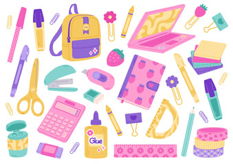 School supplies isolated on white background. Back to school. Education workspace accessories: Backpack, book, ruler, pen, pencil, calculator, brushes, glue, stickers, paper clip, and stapler.