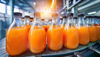 Multiple glass bottles of orange juice on the factory assembly line