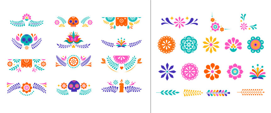 Mexican decorative frames and borders, colorful vector collection. Flowers, paper garlands, skulls corners, borders, frames