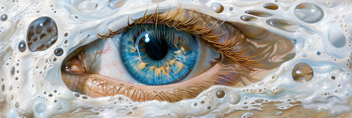 Detailed closeup of a blue eye surrounded by foamy liquid creates a surreal and captivating image
