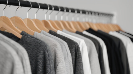 Fototapeta premium Close up of black and white color t-shirt hanging on wooden clothes hanger in closet or clothing rack
